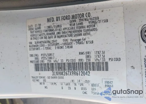 2009 Lincoln Mkz z USA, uszkodzony, nr VIN 3LNHM26TX9R612042